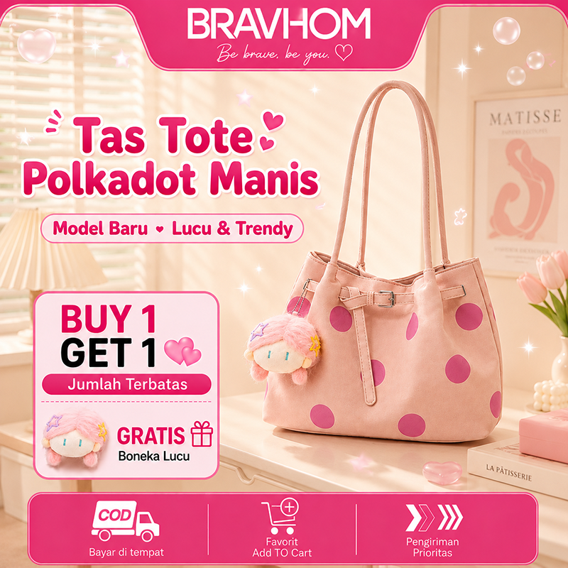 Bravhom Fashion Tas Tote Wanita Pink Motif Polkadot Korea Kapasitas Besar Tas Bahu Jinjing Casual Serbaguna untuk Harian BG10 Bravhom Fashion Tas Tote Wanita Pink Motif Polkadot Korea Kapasitas Besar Tas Bahu Jinjing Casual Serbaguna untuk Harian BG10 BravHom bag Kadonio Smart Home