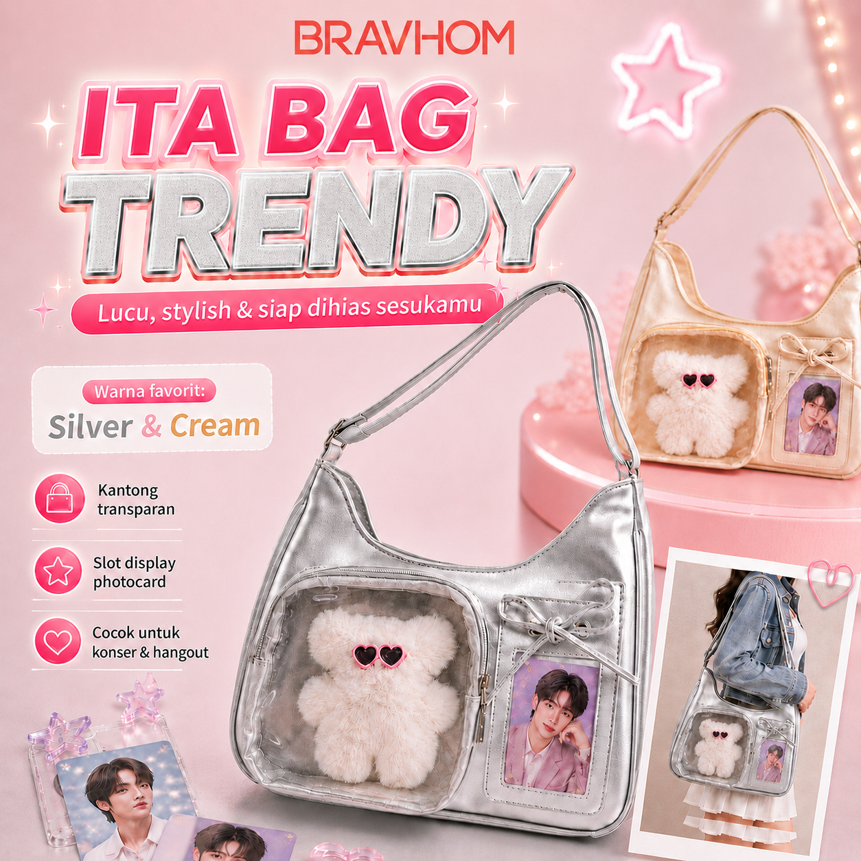 (COD)BRAVHOM Ita Bag Wanita Korea Tas Sling Bahu Adjustable Transparan Tempat Photocard Boneka Beruang Lucu Tas Konser Hangout 2 Warna Silver Cream (COD)BRAVHOM Ita Bag Wanita Korea Tas Sling Bahu Adjustable Transparan Tempat Photocard Boneka Beruang Lucu Tas Konser Hangout 2 Warna Silver Cream BravHom bag Kadonio Smart Home