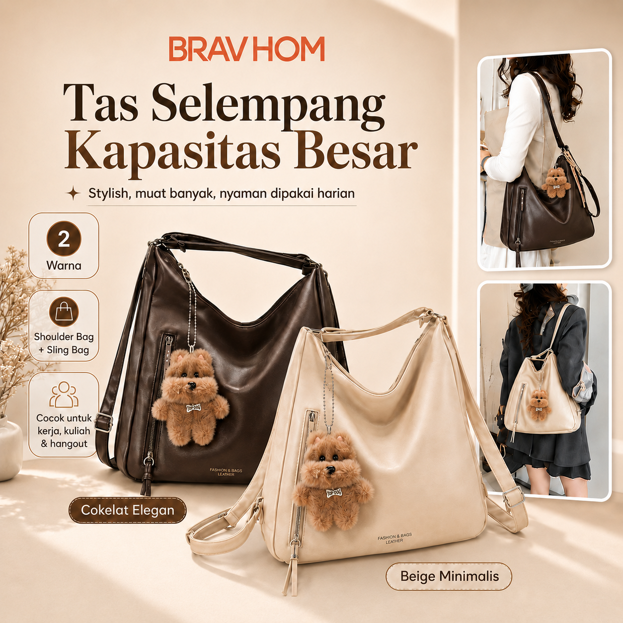 BRAVHOM Tas Selempang Wanita Multifungsi 3 Gaya Kapasitas Besar Kulit Sintetis Premium | Free Gantungan Boneka Anjing Lucu BRAVHOM Tas Selempang Wanita Multifungsi 3 Gaya Kapasitas Besar Kulit Sintetis Premium | Free Gantungan Boneka Anjing Lucu BravHom Official Store  Kadonio Smart Home