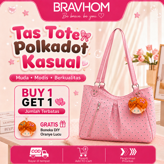 Bravhom Fashion Tas Tote Wanita Pink Motif Polkadot Korea Kapasitas Besar dengan Resleting Depan Tas Bahu Jinjing Casual BG19 Bravhom Fashion Tas Tote Wanita Pink Motif Polkadot Korea Kapasitas Besar dengan Resleting Depan Tas Bahu Jinjing Casual BG19 BravHom bag Kadonio Smart Home