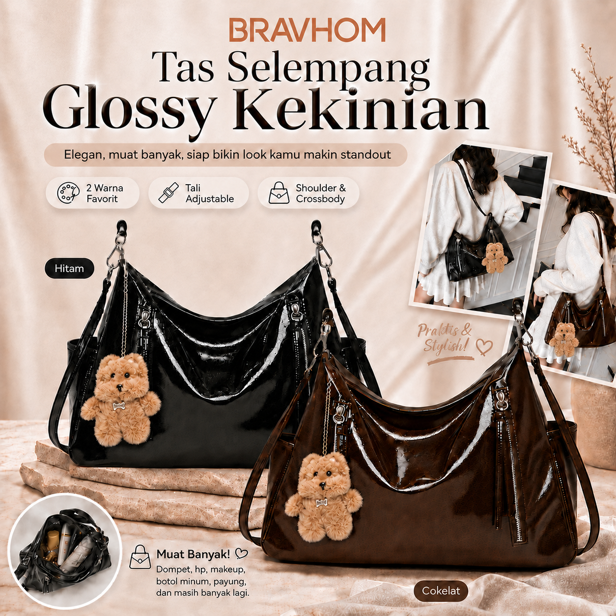 (COD)BRAVHOM Tas Hobo Wanita Glossy Kulit PU Premium Tas Selempang Shoulder Bag Besar Free Gantungan Boneka Beruang Untuk Sehari-hari Kerja (COD)BRAVHOM Tas Hobo Wanita Glossy Kulit PU Premium Tas Selempang Shoulder Bag Besar Free Gantungan Boneka Beruang Untuk Sehari-hari Kerja BravHom bag Kadonio Smart Home