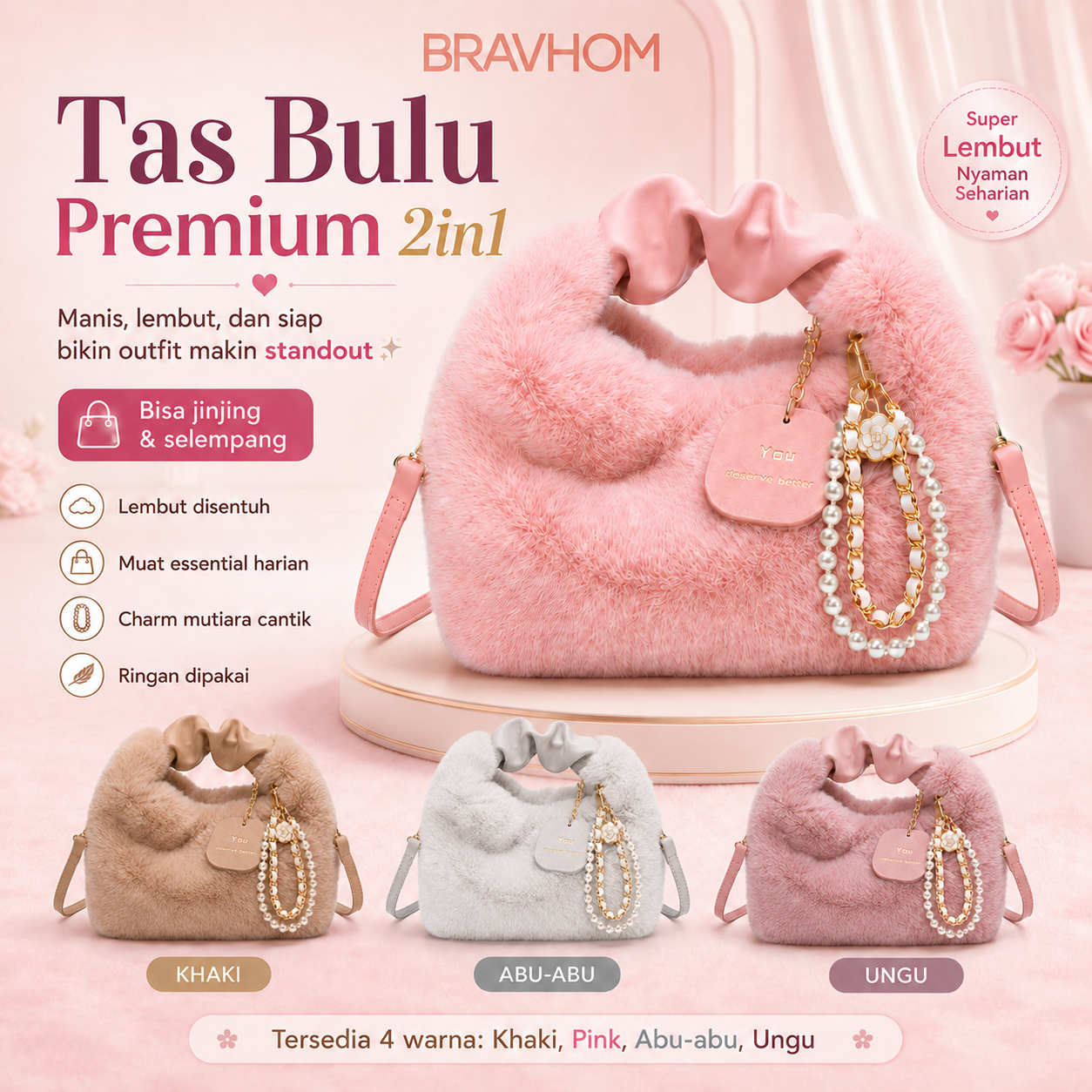 BRAVHOM Tas Bulu Fluffy Mewah dengan Aksesoris Mutiara, Tas Wanita 2 Gaya Pakai Jinjing Selempang Premium untuk OOTD Sehari-hari BRAVHOM Tas Bulu Fluffy Mewah dengan Aksesoris Mutiara, Tas Wanita 2 Gaya Pakai Jinjing Selempang Premium untuk OOTD Sehari-hari BravHom Official Store  Kadonio Smart Home