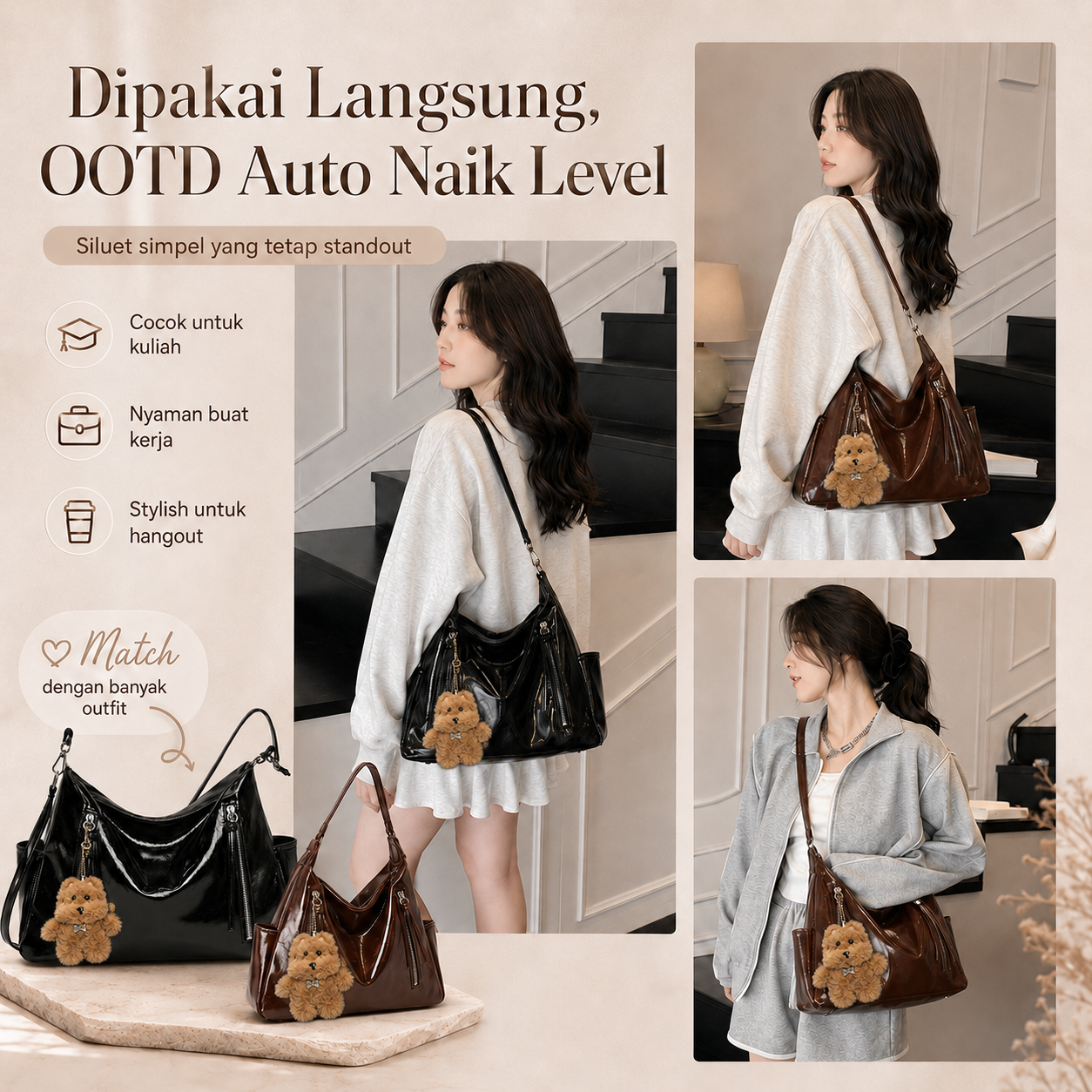 (COD)BRAVHOM Tas Hobo Wanita Glossy Kulit PU Premium Tas Selempang Shoulder Bag Besar Free Gantungan Boneka Beruang Untuk Sehari-hari Kerja (COD)BRAVHOM Tas Hobo Wanita Glossy Kulit PU Premium Tas Selempang Shoulder Bag Besar Free Gantungan Boneka Beruang Untuk Sehari-hari Kerja BravHom bag Kadonio Smart Home