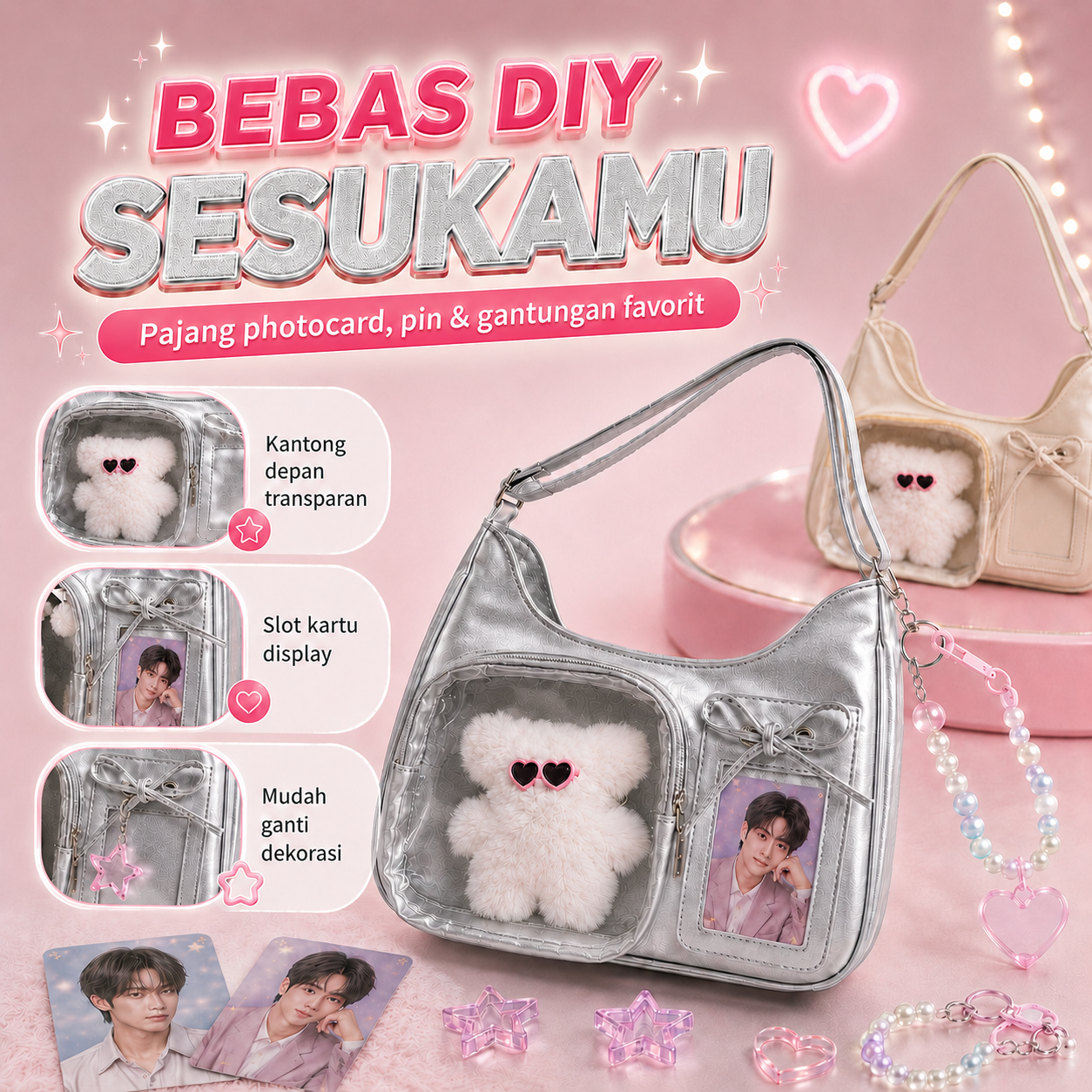 (COD)BRAVHOM Ita Bag Wanita Korea Tas Sling Bahu Adjustable Transparan Tempat Photocard Boneka Beruang Lucu Tas Konser Hangout 2 Warna Silver Cream (COD)BRAVHOM Ita Bag Wanita Korea Tas Sling Bahu Adjustable Transparan Tempat Photocard Boneka Beruang Lucu Tas Konser Hangout 2 Warna Silver Cream BravHom bag Kadonio Smart Home