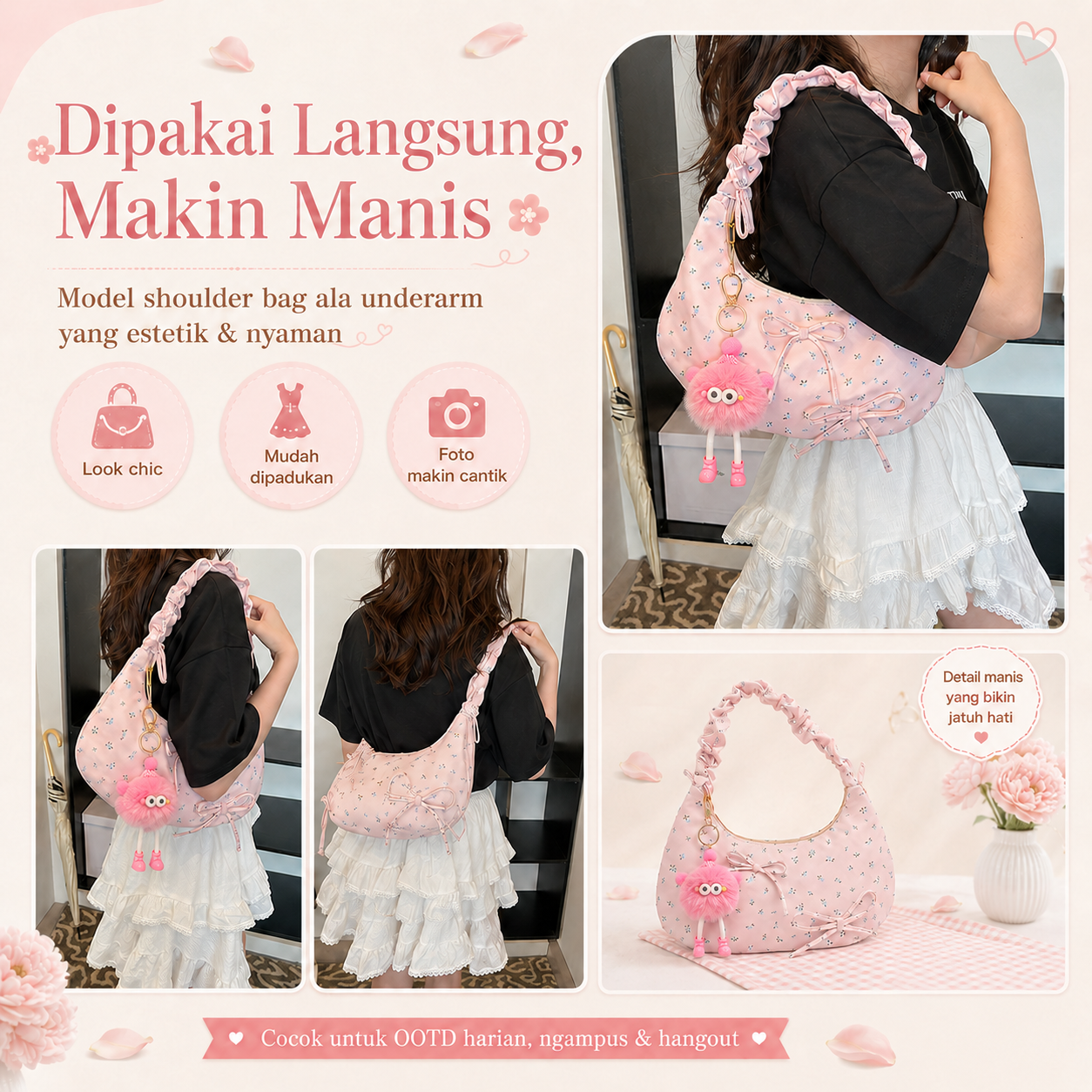 BRAVHOM Tas Hobo Bunga Pink Super Gemoy Gratis Charm Boneka Lucu I Tas Bahu Kanvas Manis Nyaman untuk OOTD Kuliah Hangout BRAVHOM Tas Hobo Bunga Pink Super Gemoy Gratis Charm Boneka Lucu I Tas Bahu Kanvas Manis Nyaman untuk OOTD Kuliah Hangout BravHom Official Store  Kadonio Smart Home