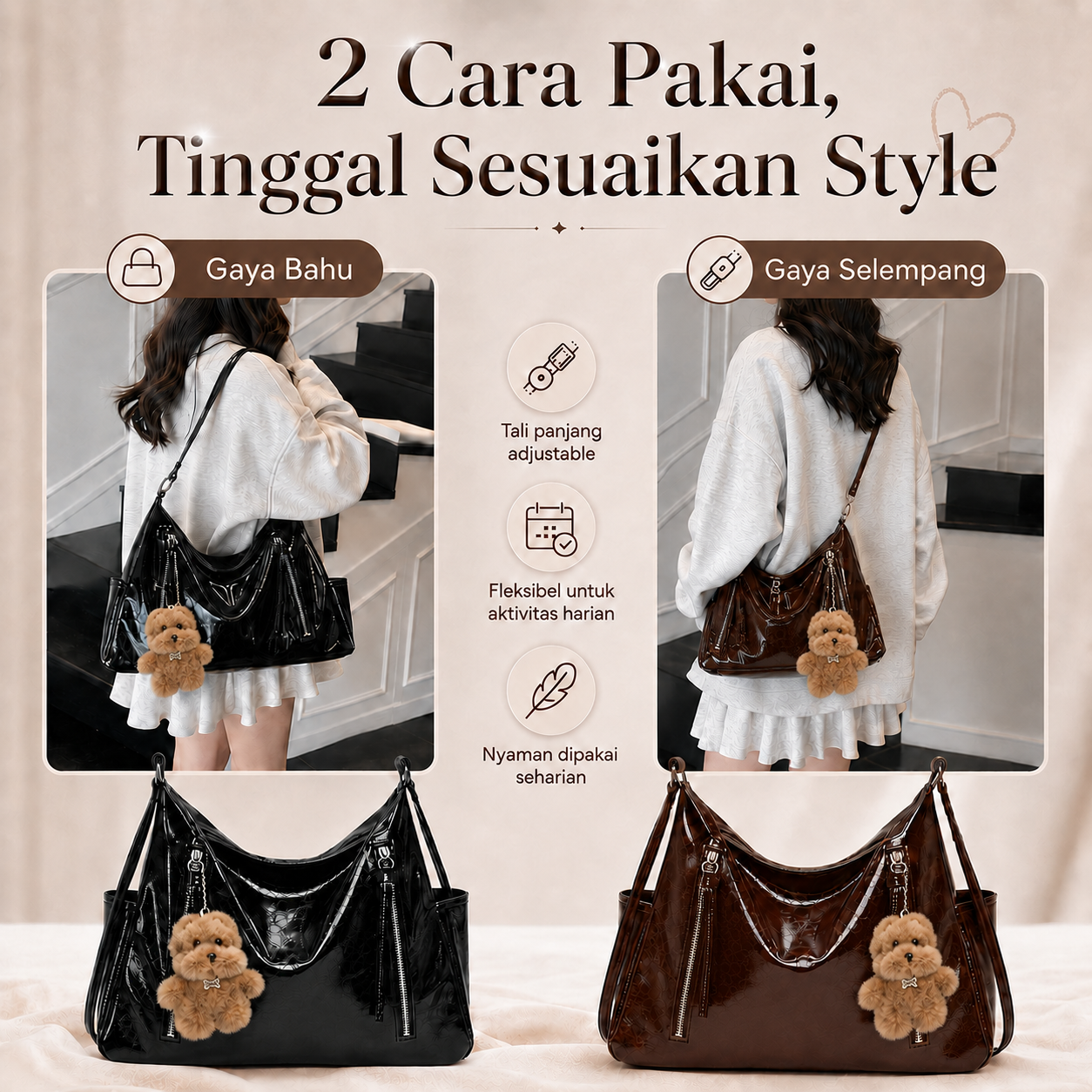 (COD)BRAVHOM Tas Hobo Wanita Glossy Kulit PU Premium Tas Selempang Shoulder Bag Besar Free Gantungan Boneka Beruang Untuk Sehari-hari Kerja (COD)BRAVHOM Tas Hobo Wanita Glossy Kulit PU Premium Tas Selempang Shoulder Bag Besar Free Gantungan Boneka Beruang Untuk Sehari-hari Kerja BravHom bag Kadonio Smart Home