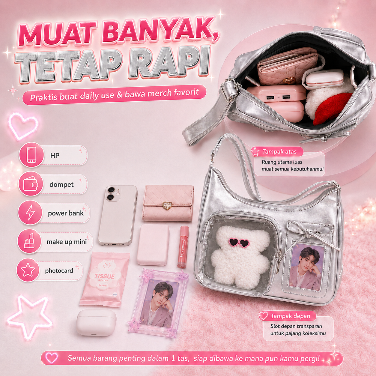 (COD)BRAVHOM Ita Bag Wanita Korea Tas Sling Bahu Adjustable Transparan Tempat Photocard Boneka Beruang Lucu Tas Konser Hangout 2 Warna Silver Cream (COD)BRAVHOM Ita Bag Wanita Korea Tas Sling Bahu Adjustable Transparan Tempat Photocard Boneka Beruang Lucu Tas Konser Hangout 2 Warna Silver Cream BravHom bag Kadonio Smart Home