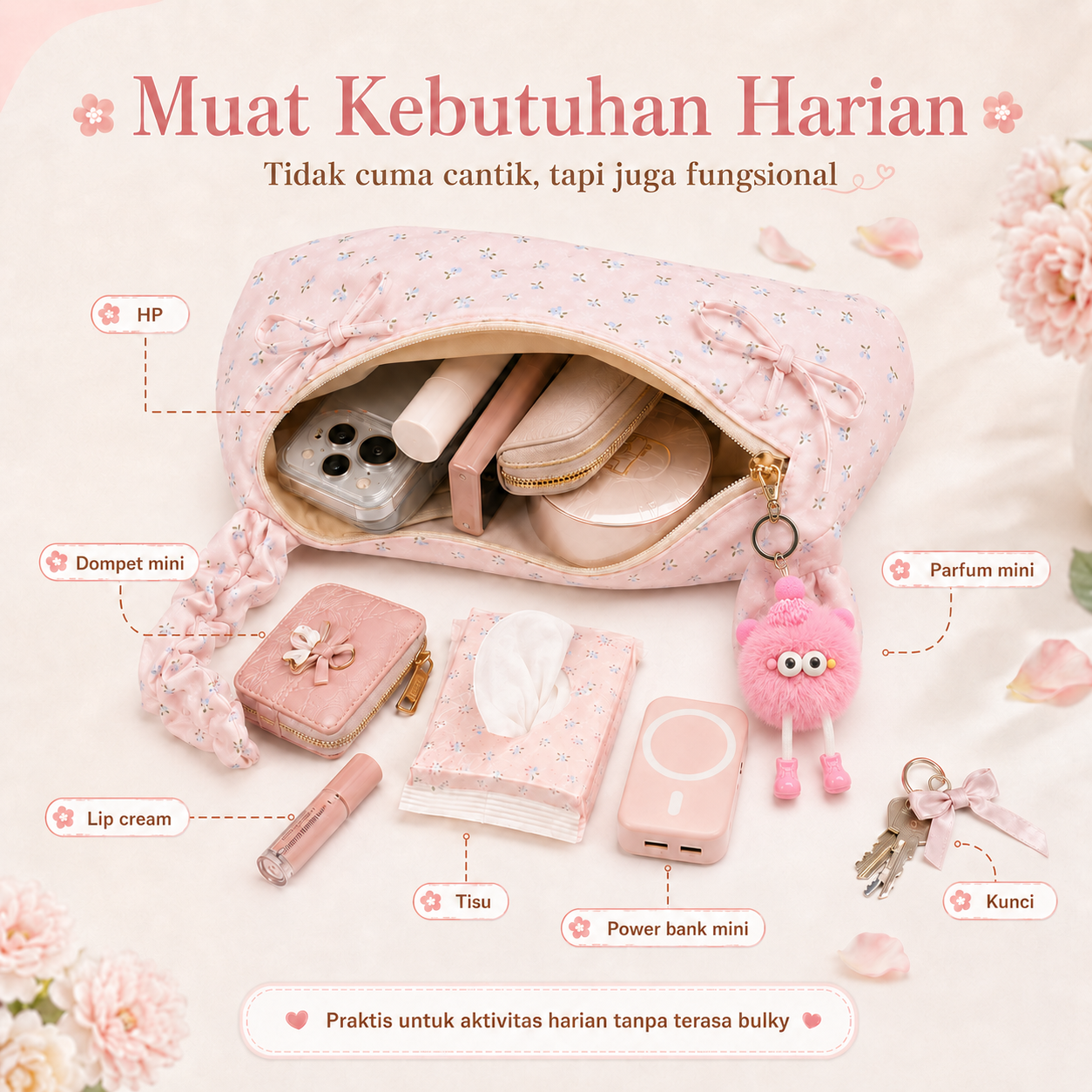 BRAVHOM Tas Hobo Bunga Pink Super Gemoy Gratis Charm Boneka Lucu I Tas Bahu Kanvas Manis Nyaman untuk OOTD Kuliah Hangout BRAVHOM Tas Hobo Bunga Pink Super Gemoy Gratis Charm Boneka Lucu I Tas Bahu Kanvas Manis Nyaman untuk OOTD Kuliah Hangout BravHom Official Store  Kadonio Smart Home