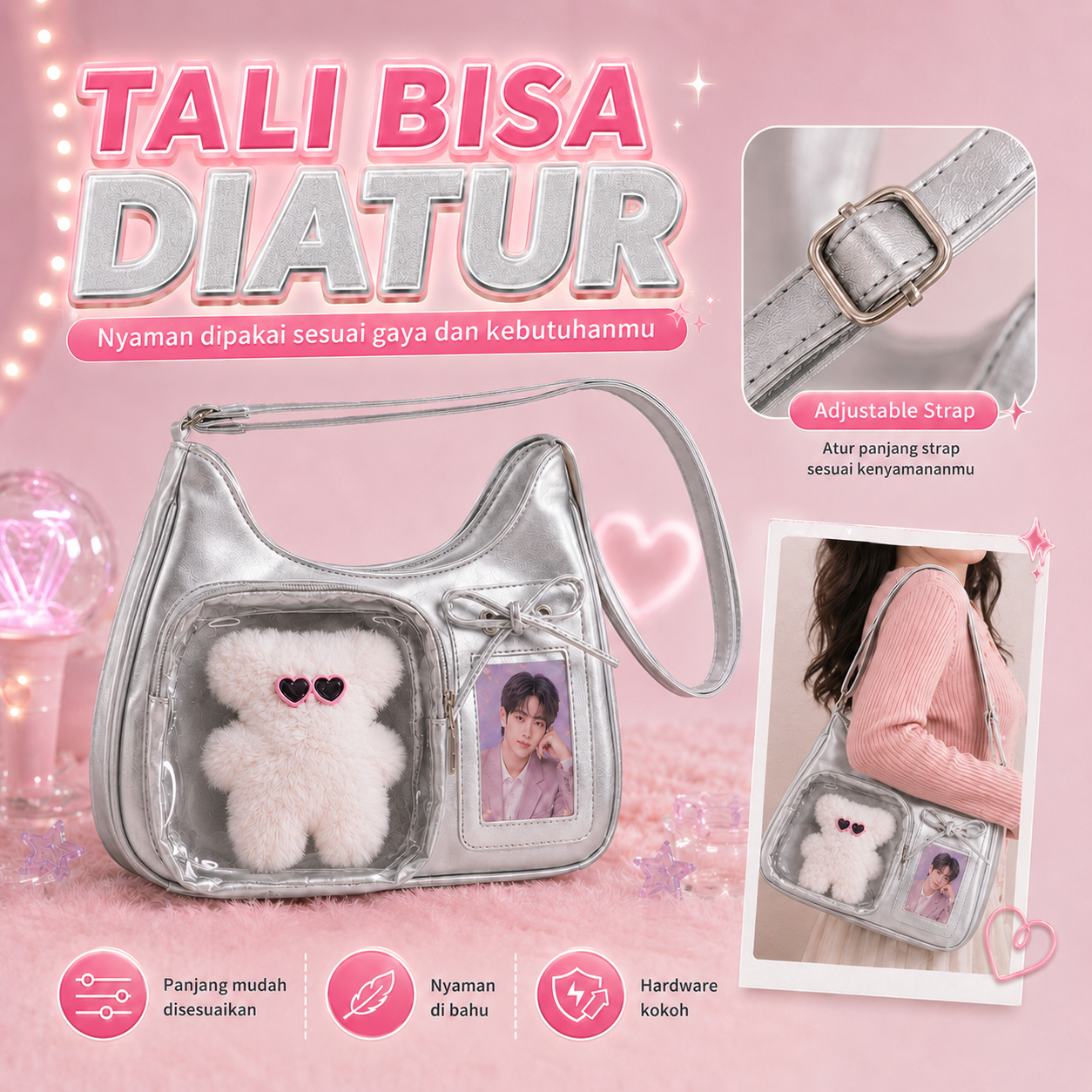 (COD)BRAVHOM Ita Bag Wanita Korea Tas Sling Bahu Adjustable Transparan Tempat Photocard Boneka Beruang Lucu Tas Konser Hangout 2 Warna Silver Cream (COD)BRAVHOM Ita Bag Wanita Korea Tas Sling Bahu Adjustable Transparan Tempat Photocard Boneka Beruang Lucu Tas Konser Hangout 2 Warna Silver Cream BravHom bag Kadonio Smart Home