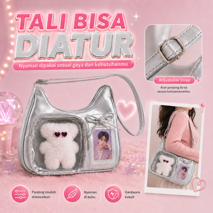 (COD)BRAVHOM Ita Bag Wanita Korea Tas Sling Bahu Adjustable Transparan Tempat Photocard Boneka Beruang Lucu Tas Konser Hangout 2 Warna Silver Cream (COD)BRAVHOM Ita Bag Wanita Korea Tas Sling Bahu Adjustable Transparan Tempat Photocard Boneka Beruang Lucu Tas Konser Hangout 2 Warna Silver Cream BravHom bag Kadonio Smart Home