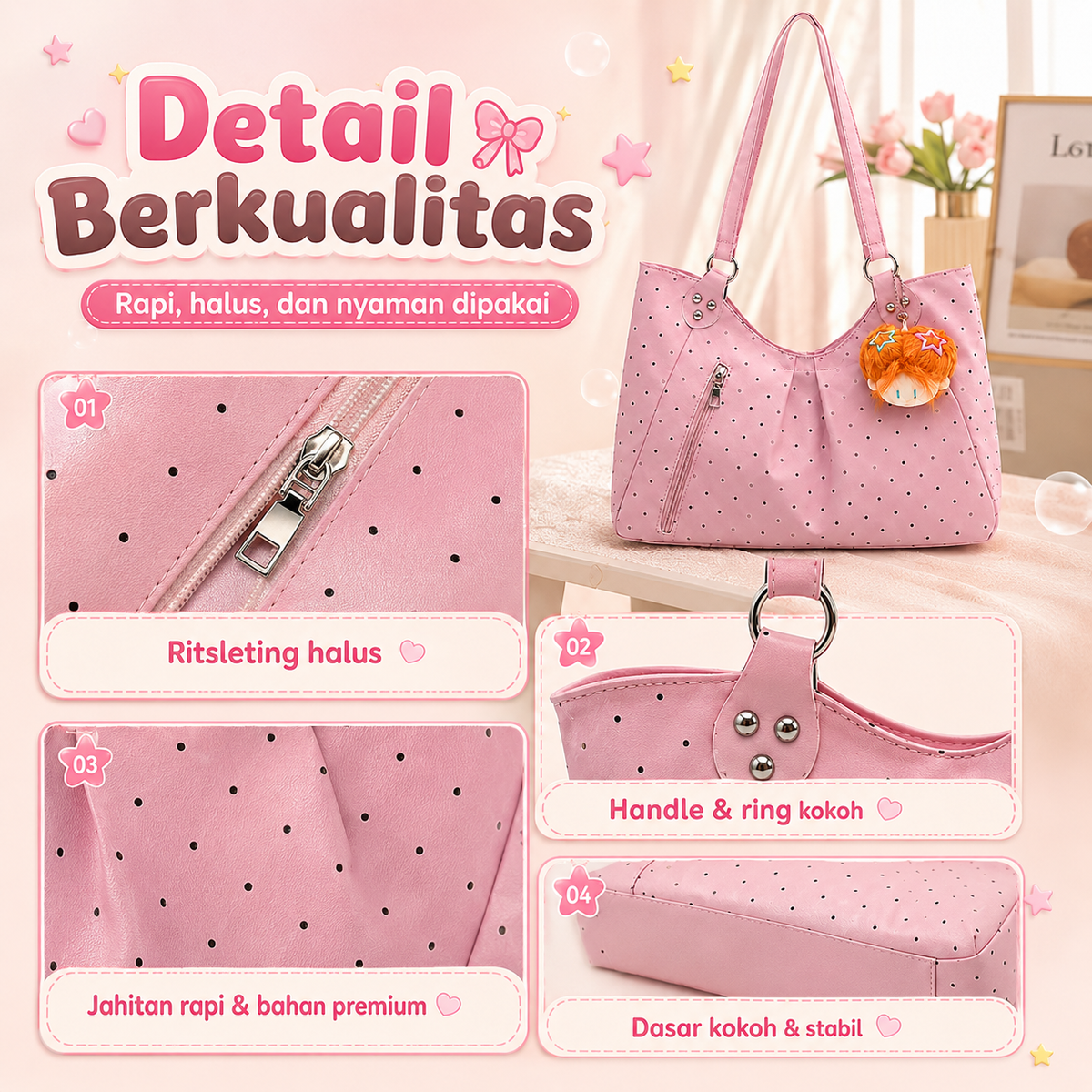 Bravhom Fashion Tas Tote Wanita Pink Motif Polkadot Korea Kapasitas Besar dengan Resleting Depan Tas Bahu Jinjing Casual BG19 Bravhom Fashion Tas Tote Wanita Pink Motif Polkadot Korea Kapasitas Besar dengan Resleting Depan Tas Bahu Jinjing Casual BG19 BravHom bag Kadonio Smart Home