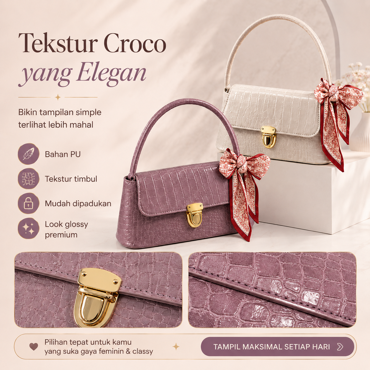 (COD)BRAVHOM Tas Bahu Wanita Underarm Croco Elegan Pita Satin - Tas Kekinian Premium Ringan Cocok Kerja Hangout (COD)BRAVHOM Tas Bahu Wanita Underarm Croco Elegan Pita Satin - Tas Kekinian Premium Ringan Cocok Kerja Hangout BravHom Official Store  Kadonio Smart Home