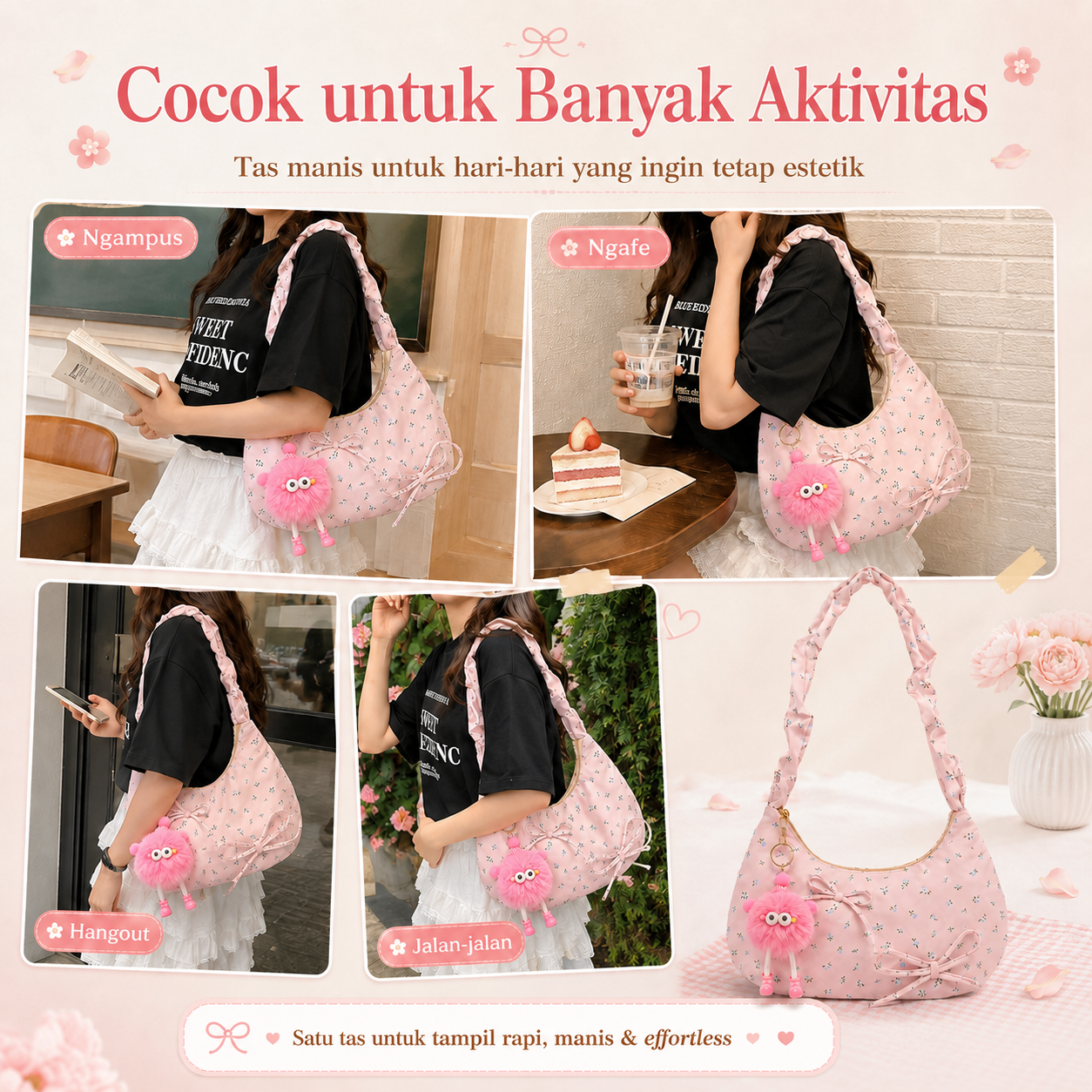 BRAVHOM Tas Hobo Bunga Pink Super Gemoy Gratis Charm Boneka Lucu I Tas Bahu Kanvas Manis Nyaman untuk OOTD Kuliah Hangout BRAVHOM Tas Hobo Bunga Pink Super Gemoy Gratis Charm Boneka Lucu I Tas Bahu Kanvas Manis Nyaman untuk OOTD Kuliah Hangout BravHom Official Store  Kadonio Smart Home