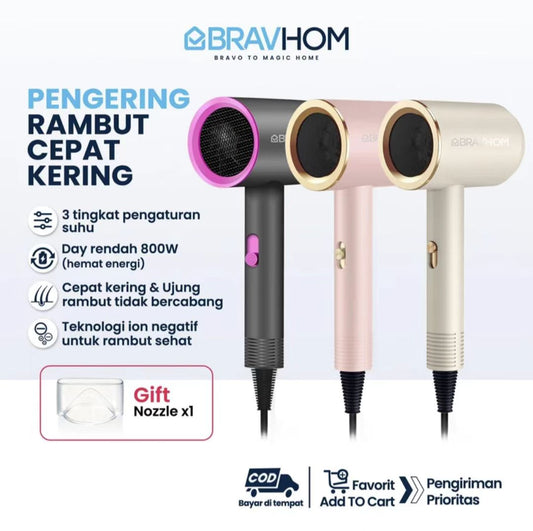 (COD)Bravhom Mesin Pengering Rambut 800w Terbaru Dengan Teknologi Negatif Ion Dan Sinar Biru, Edisi Terbatas Dengan Warna-Warna Khusus Macaron, Motor Cepat, Rendah Kebisingan, Perawatan Rambut Dengan Kelembapan Salon Kelas Atas hair dryer sakumini hair