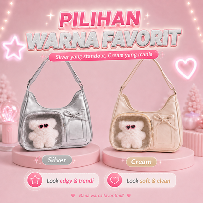 (COD)BRAVHOM Ita Bag Wanita Korea Tas Sling Bahu Adjustable Transparan Tempat Photocard Boneka Beruang Lucu Tas Konser Hangout 2 Warna Silver Cream (COD)BRAVHOM Ita Bag Wanita Korea Tas Sling Bahu Adjustable Transparan Tempat Photocard Boneka Beruang Lucu Tas Konser Hangout 2 Warna Silver Cream BravHom bag Kadonio Smart Home