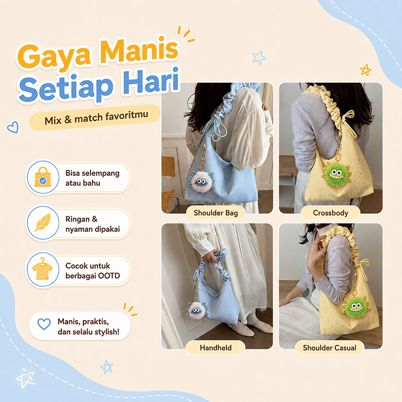 Bravhom Fashion Tas Bahu Tote Bintang Wanita Tali Kerut Adjustable, Bonus Gantungan Pom Pom Gratis, Tas Selempang Daily Use Muat Banyak BG18 Bravhom Fashion Tas Bahu Tote Bintang Wanita Tali Kerut Adjustable, Bonus Gantungan Pom Pom Gratis, Tas Selempang Daily Use Muat Banyak BG18 BravHom Official Store  Kadonio Smart Home