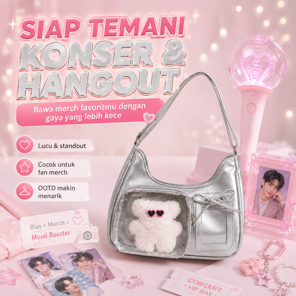 (COD)BRAVHOM Ita Bag Wanita Korea Tas Sling Bahu Adjustable Transparan Tempat Photocard Boneka Beruang Lucu Tas Konser Hangout 2 Warna Silver Cream (COD)BRAVHOM Ita Bag Wanita Korea Tas Sling Bahu Adjustable Transparan Tempat Photocard Boneka Beruang Lucu Tas Konser Hangout 2 Warna Silver Cream BravHom bag Kadonio Smart Home