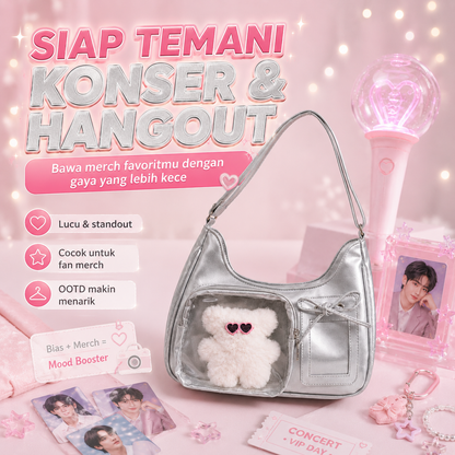 (COD)BRAVHOM Ita Bag Wanita Korea Tas Sling Bahu Adjustable Transparan Tempat Photocard Boneka Beruang Lucu Tas Konser Hangout 2 Warna Silver Cream (COD)BRAVHOM Ita Bag Wanita Korea Tas Sling Bahu Adjustable Transparan Tempat Photocard Boneka Beruang Lucu Tas Konser Hangout 2 Warna Silver Cream BravHom bag Kadonio Smart Home