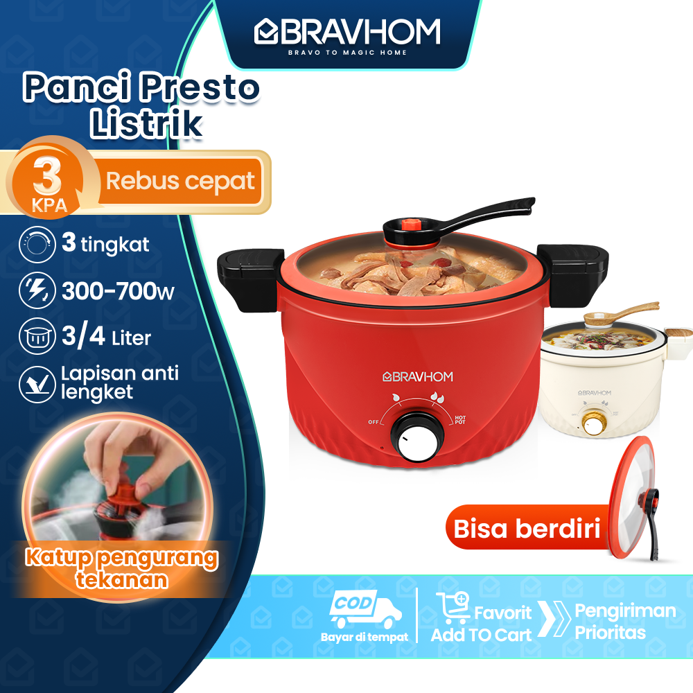 (COD)Bravhom Panci Listrik Serbaguna PanciPresto 3 Liter 300-700W pemanas kuah (COD)Bravhom Panci Listrik Serbaguna PanciPresto 3 Liter 300-700W pemanas kuah BravHom  Kadonio Smart Home