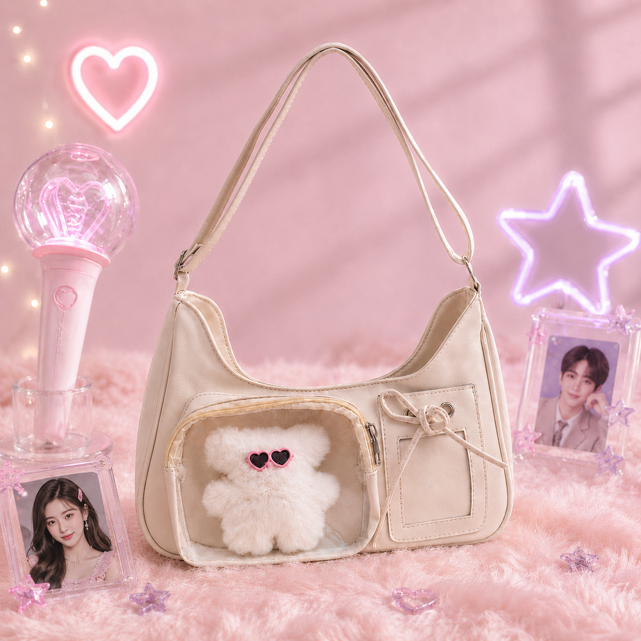 (COD)BRAVHOM Ita Bag Wanita Korea Tas Sling Bahu Adjustable Transparan Tempat Photocard Boneka Beruang Lucu Tas Konser Hangout 2 Warna Silver Cream (COD)BRAVHOM Ita Bag Wanita Korea Tas Sling Bahu Adjustable Transparan Tempat Photocard Boneka Beruang Lucu Tas Konser Hangout 2 Warna Silver Cream BravHom bag Kadonio Smart Home