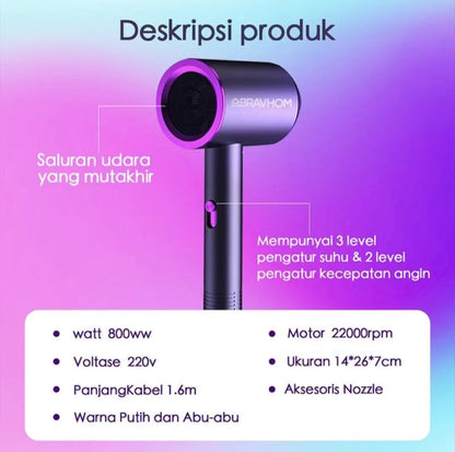 (COD)Bravhom Mesin Pengering Rambut 800w Terbaru Dengan Teknologi Negatif Ion Dan Sinar Biru, Edisi Terbatas Dengan Warna-Warna Khusus Macaron, Motor Cepat, Rendah Kebisingan, Perawatan Rambut Dengan Kelembapan Salon Kelas Atas hair dryer sakumini hair
